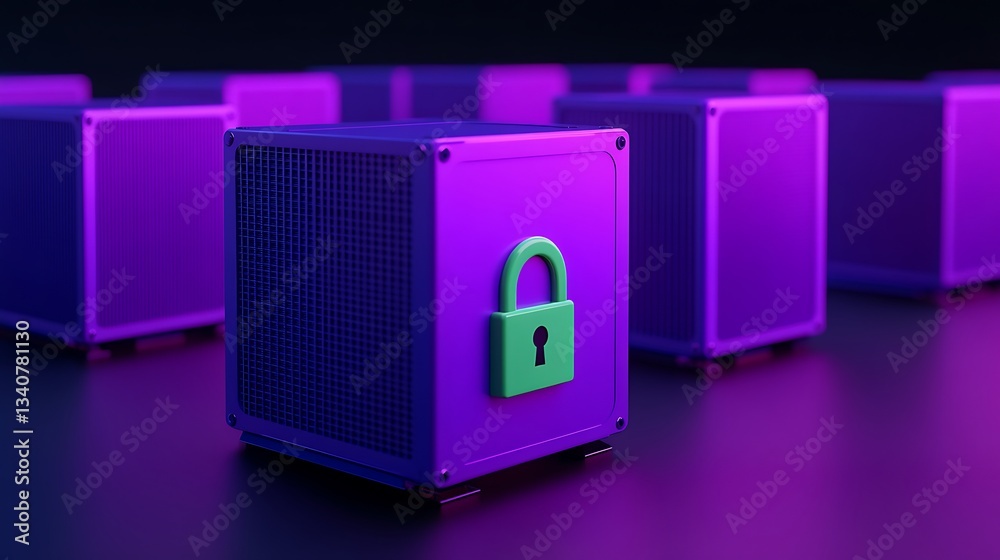 Poster colorful secure data storage cube with padlock surrounded by other cubes in a digital environment