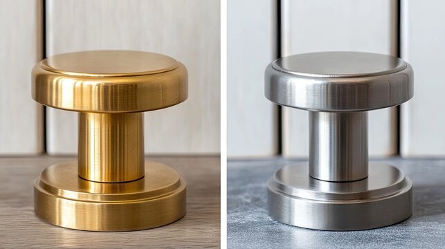 A side-by-side comparison of traditional and modern cabinet knobs in different metal finishes