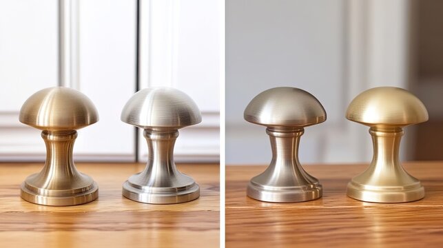 A side-by-side comparison of traditional and modern cabinet knobs in different metal finishes