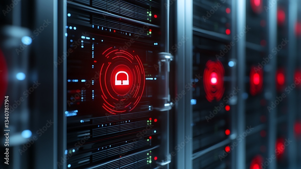 Poster data security concept with digital lock symbols on high-tech server rack in server room environment