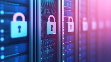 Data Security Concept with Digital Lock Symbol on Server Racks in Modern Data Center Environment