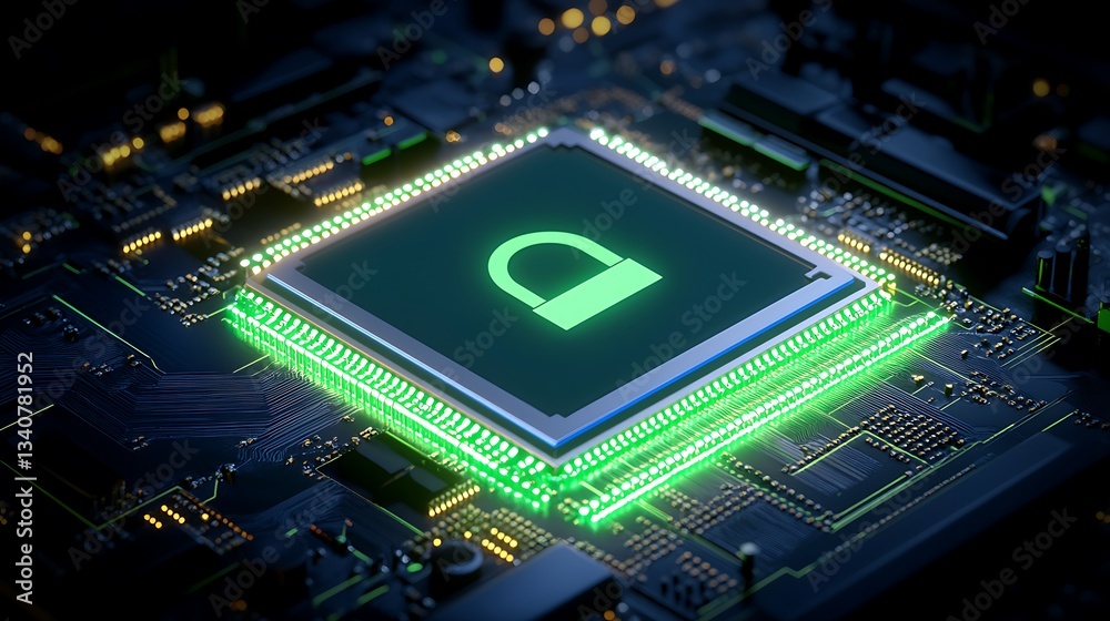 Poster digital circuit board with lock symbol representing cybersecurity and data protection in technology 
