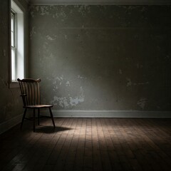 A lone empty chair in the corner of a dark, derelict room with light from a window. A concept for loneliness, solitude, abandonment, and sadness.

