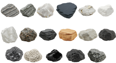 Assorted geological specimens displayed on a plain white surface area transparent background
