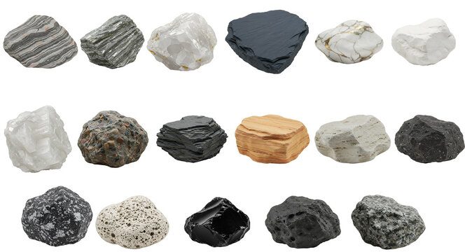 Assorted geological specimens displayed on a plain white surface area transparent background