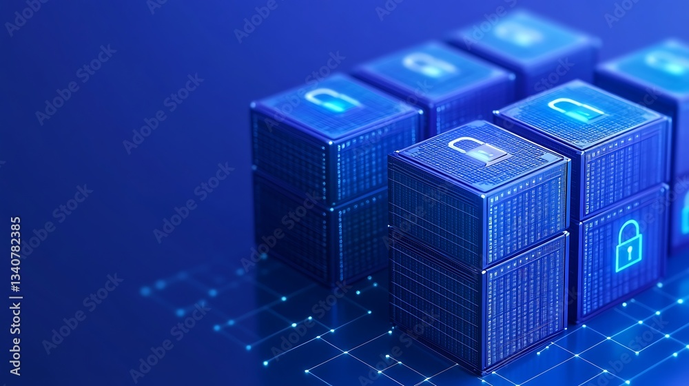 Poster digital data security concept with blocks and lock symbols on a blue background for technology theme