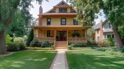 A suburban house with a welcoming front porch and neatly maintained lawn