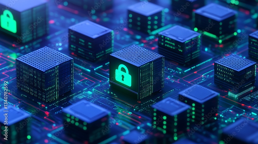 Poster Digital Data Security Concept with Technology Cubes Representing Cybersecurity and Encryption in Bright Colors