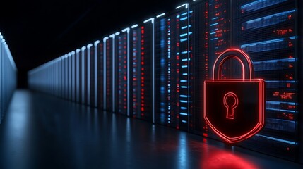 Digital Data Security Concept with Lock Symbol and Server Room in Background Highlighting Cyber Protection