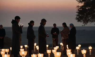 A Peaceful Good Friday Gathering at Sunset, Featuring Silhouetted Figures in Prayer
 - Powered by Adobe