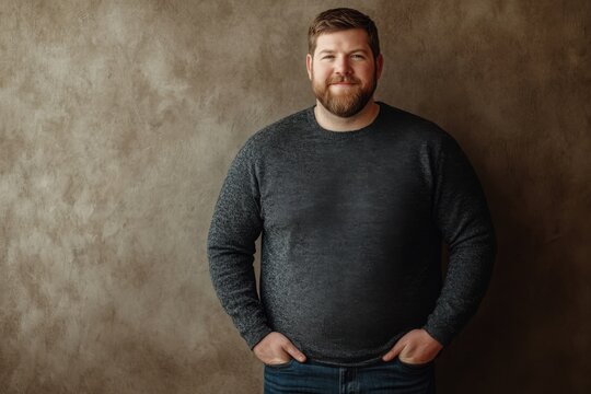 A red bearded man with short hair wearing a dark gray sweater standing against a dark textured background with a confident and friendly expression
