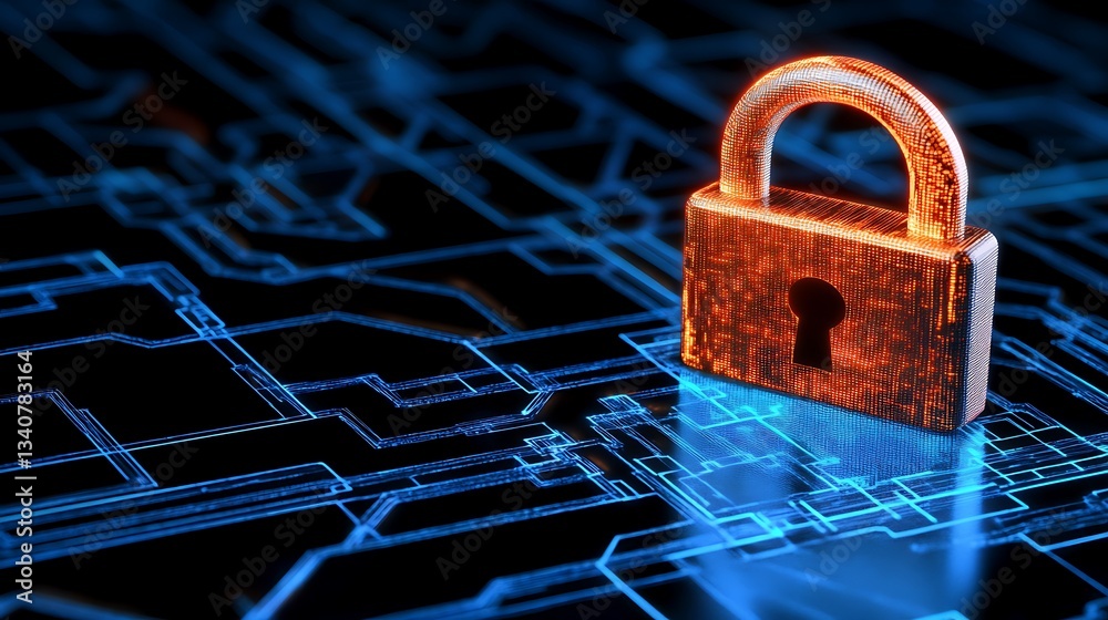 Poster digital lock concept with circuit patterns and glowing lines on a dark background representing cyber