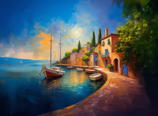 Fototapeta premium Coastal scene of boats moored by colorful buildings on a sunny day. Blue sea provides a peaceful background to the vibrant walkway.