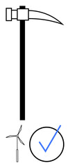 Minimalist pickaxe symbolizing labor, wind turbine for renewable energy, and blue checkmark for quality, progress, eco-friendly development. Ideal for technology, energy, sustainability, solutions