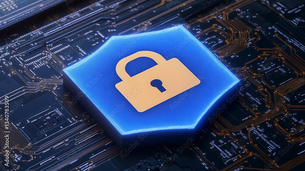 Poster digital lock icon on circuit board background representing cybersecurity and data protection concept