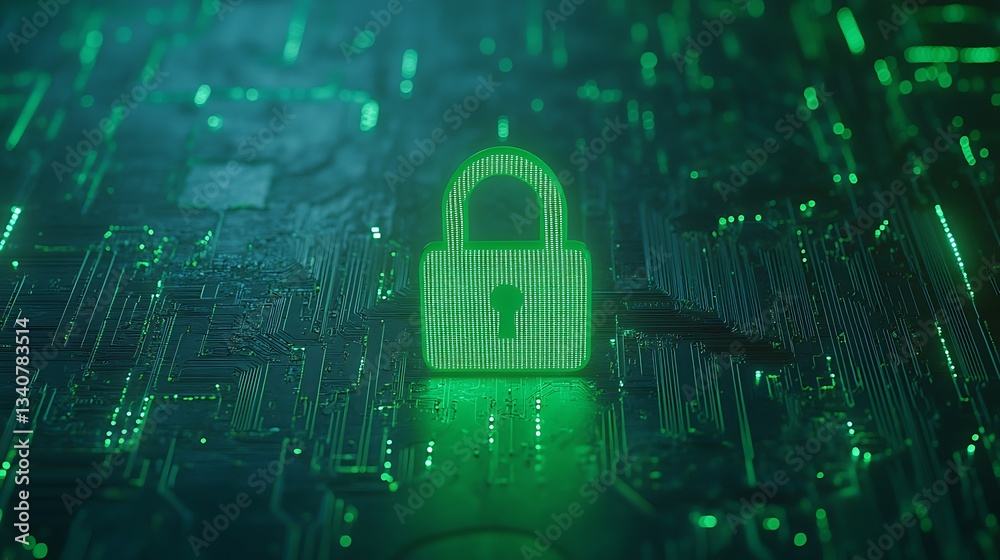 Poster digital lock icon on circuit board background representing cybersecurity and data protection technol