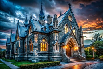 Sleepy Black and White Architectural Clipart:  Gothic Revival Style Building at Dusk