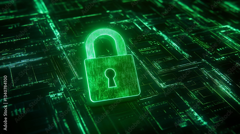 Poster digital lock symbol on abstract cybersecurity background with neon green lines and circuit patterns