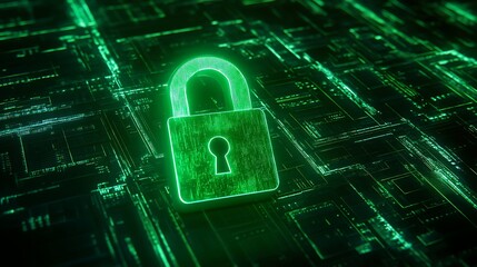 Digital Lock Symbol on Abstract Cybersecurity Background with Neon Green Lines and Circuit Patterns