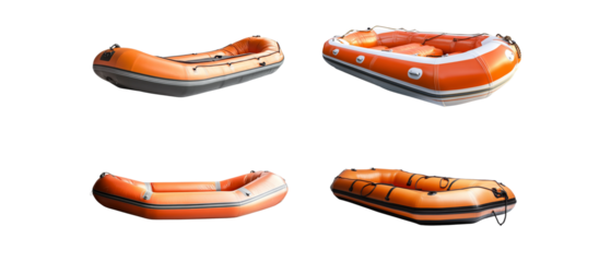 Isolated inflatable life raft on white background.
