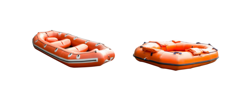 Isolated inflatable life raft on white background.
