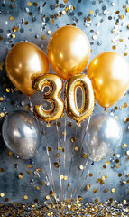 carte d'invitation avec ballons à l'hélium en forme de texte "30" pour le trentième anniversaire	
