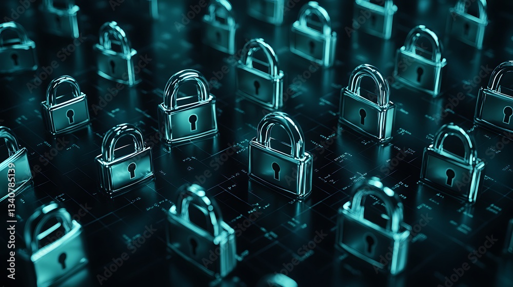 Poster digital locks on matrix-like background representing cybersecurity and data protection concepts
