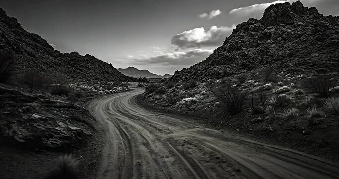 Monochrome view of a winding dirt road through rugged mountains under a cloudy sky. The road curves into the distance leading to distant mountain range