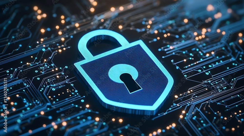 Poster digital padlock symbol over circuit board background representing cybersecurity and data protection 