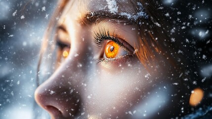 Close-up of a woman's eye with glowing orange iris in a snowy scene.