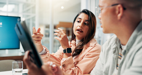 Meeting, teamwork and people with tablet, business and review of ad campaign performance and media...