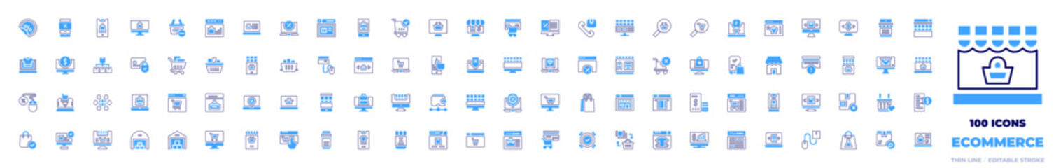 100 Ecommerce Icons Collection. Bold line style. Duotone colors. discount, online shopping, minus, shopping online, ecommerce, laptop, web page, shopping app, pc