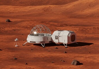 Space exploration, future habitat on mars, space colonization concept, futuristic mission to the red planet, extraterrestrial research in space base, planet expedition