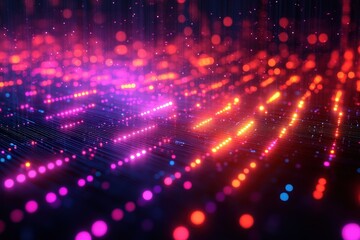 Obraz premium Abstract Depiction of Digital Data Streams and Patterns With Vibrant, Glowing Colors and a Gradient From Red and Orange to Pink and Blue, Showcasing Information Technology