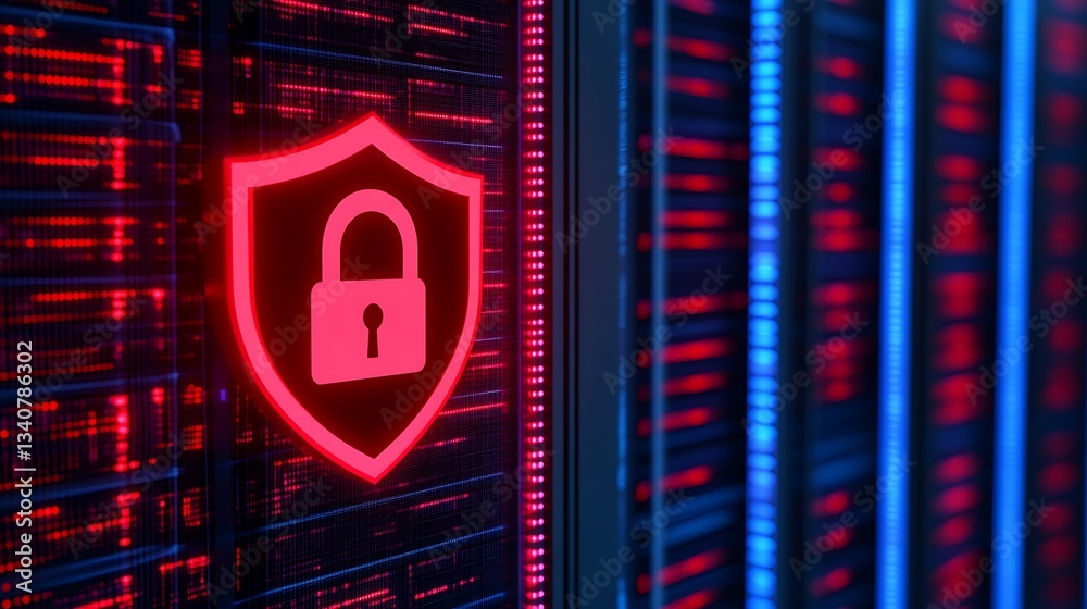 Poster digital security concept with a padlock symbol glowing on a server rack highlighting cybersecurity a
