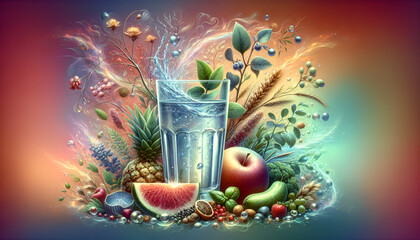  glass of pure spring water and fruits