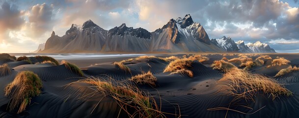 Vestrahorn Mountain Black Sand Beach Iceland, Dramatic Sky
