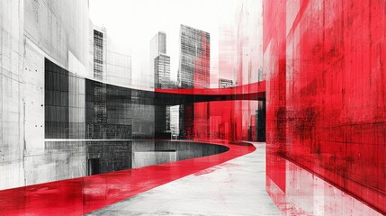 Architectural rendition features buildings in a red and gray cityscape