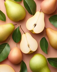 A colorful assortment of fresh pears displayed on a soft pink background, showcasing their vibrant colors and smooth textures, perfect for food-related themes and healthy living.