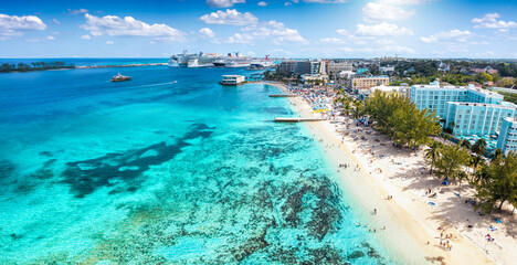 Aerial view of the beautiful Junkanoo beach at the Western Esplanade next to Nassau town, The...