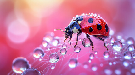 Ladybug on Dewy Spider Web with Sunrise Lighting