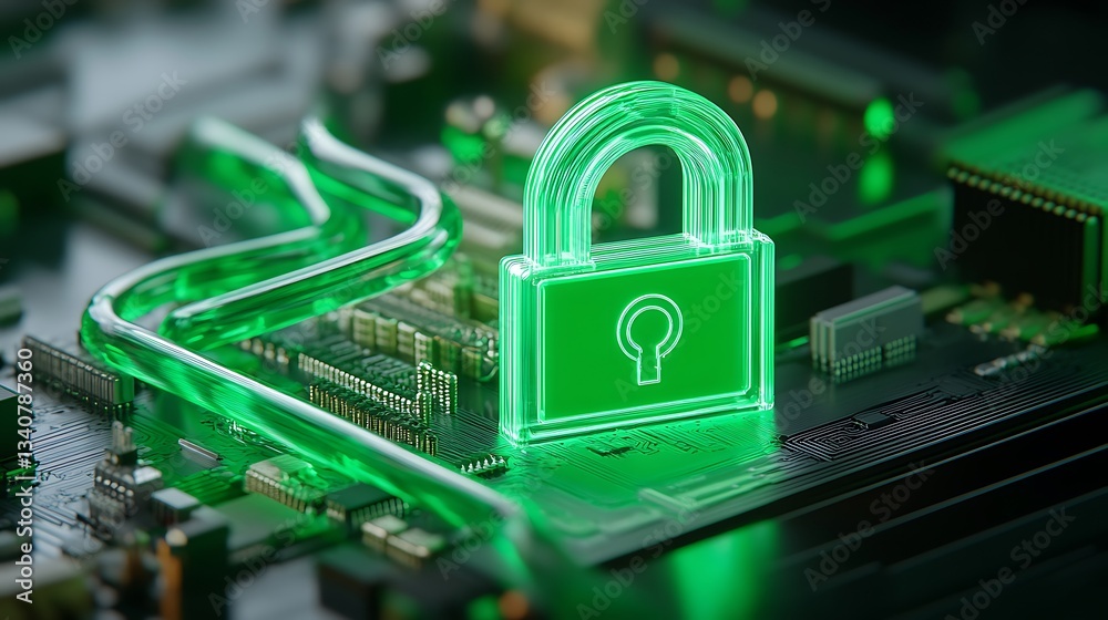 Poster digital security concept with green lock symbol on circuit board background representing data protec