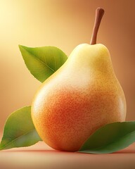 A beautifully rendered pear with soft hues and fresh leaves