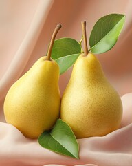 Two ripe, yellow pears with green leaves, elegantly arranged on a soft, pastel fabric. The image embodies freshness and natural beauty, perfect for food-related themes.