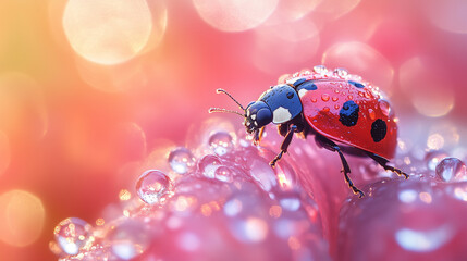 Ladybug on Dewy Spider Web with Water Droplets