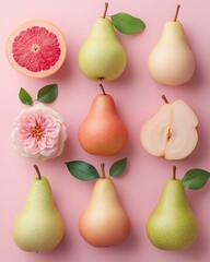 A vibrant display of pears arranged on a pink background alongside a grapefruit and a flower, showcasing colorful fruits and appealing aesthetics for food enthusiasts.