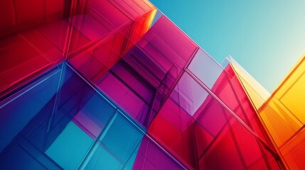 Fototapeta premium Abstract architectural design with colorful glass against a blue sky