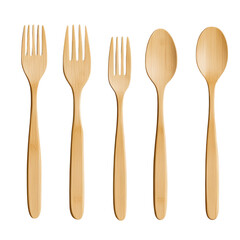 isolated transparent Background. Bamboo cutlery set with forks and spoons, eco friendly and sustainable design