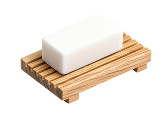 isolated transparent Background. Natural coconut soap bar on wooden soap dish, perfect for eco friendly skincare