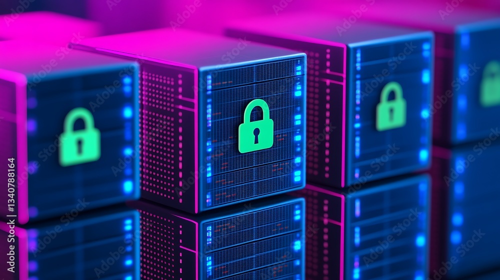 Poster digital security concept with lock icon on boxes in neon glow displaying data protection and cyberse